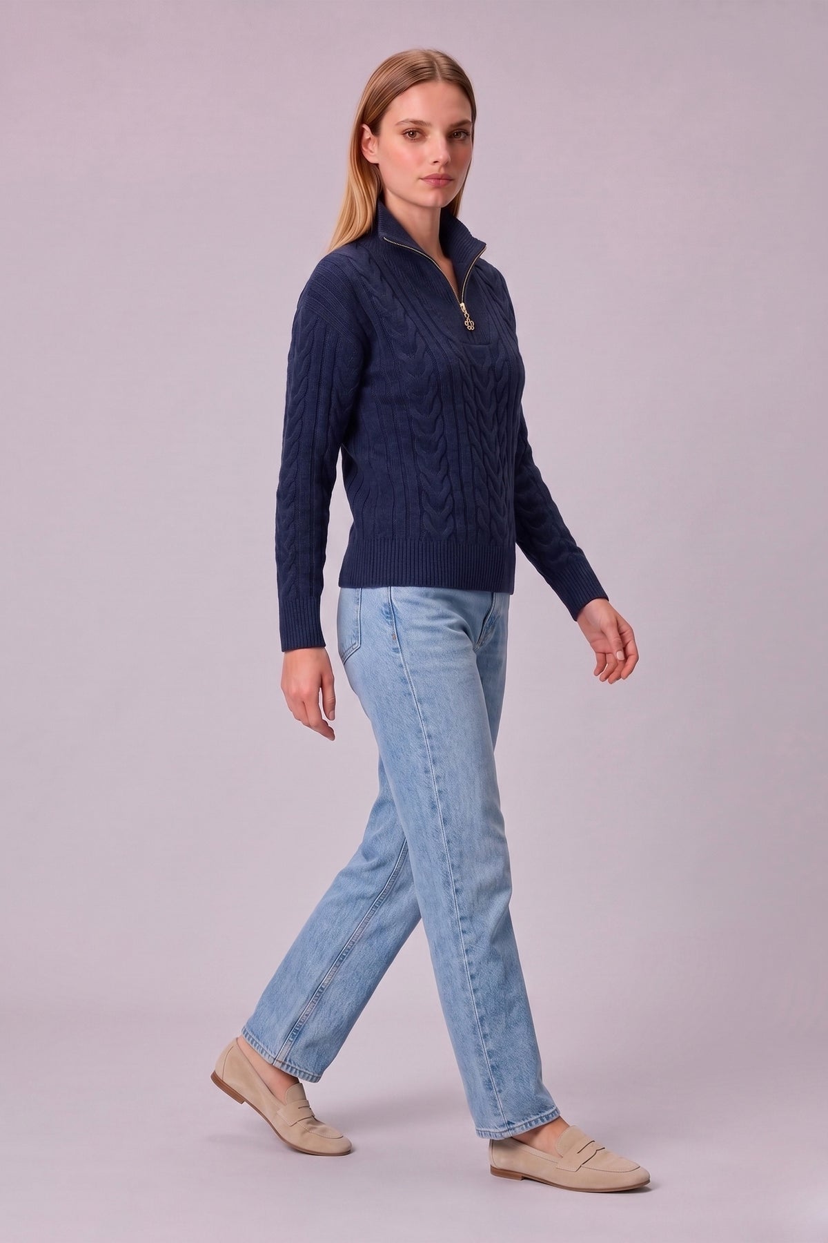 Women’s Cable Knit Half-Zip 80% Wool-Rich Sweater in Beautiful Jewel Tones Perfect for Fall & Winter
