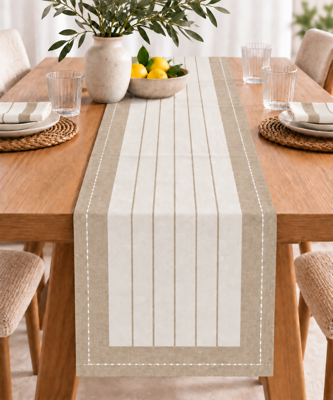 Warm Taupe & Ivory Striped Water-Repellent Turkish Cotton Table Runner – Coastal & Timeless Style