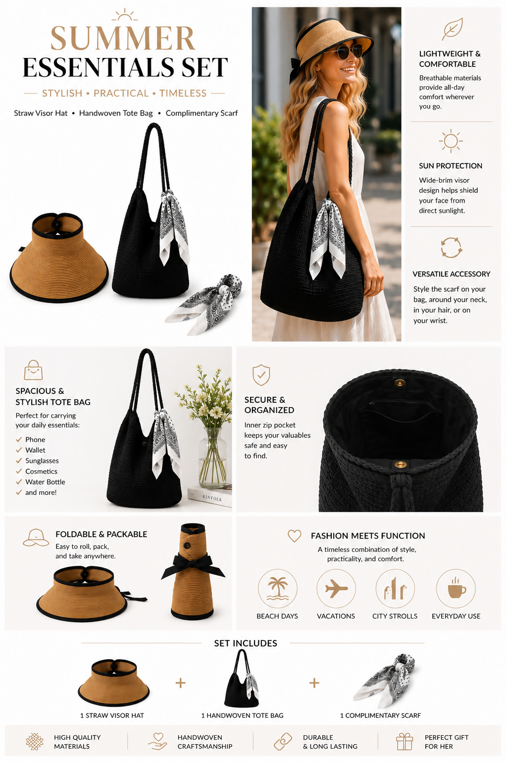 Women's 3-Piece Beach Set – Straw Tote Bag, Sun Visor Hat & Fashion Scarf