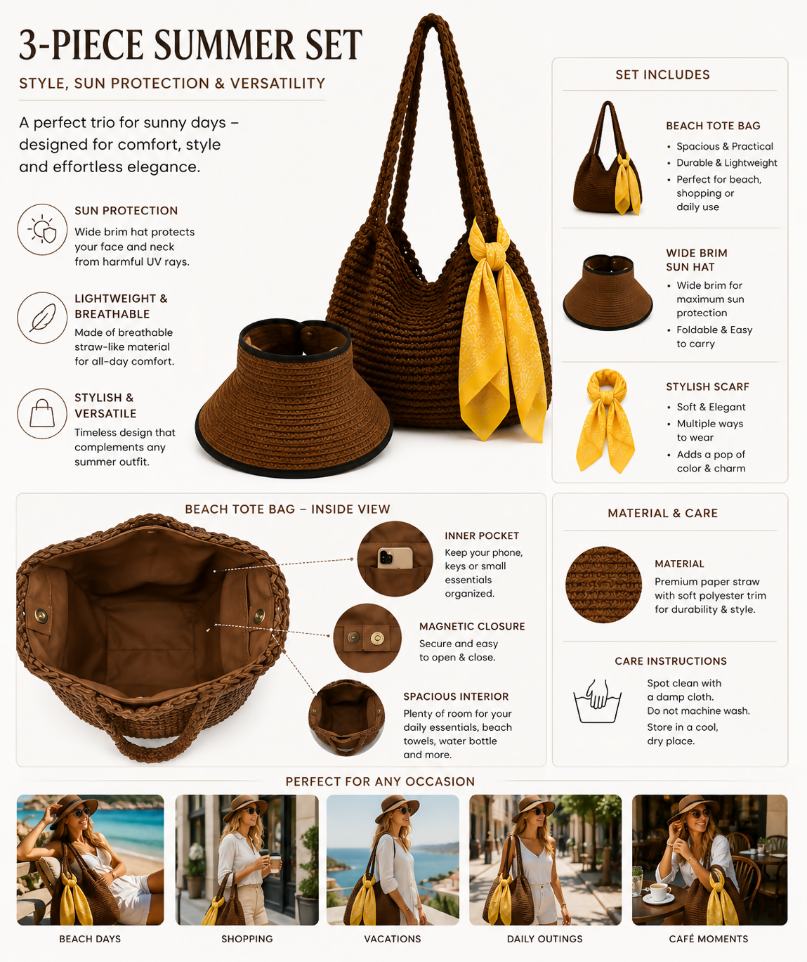 Women's 3-Piece Beach Set – Straw Tote Bag, Sun Visor Hat & Fashion Scarf