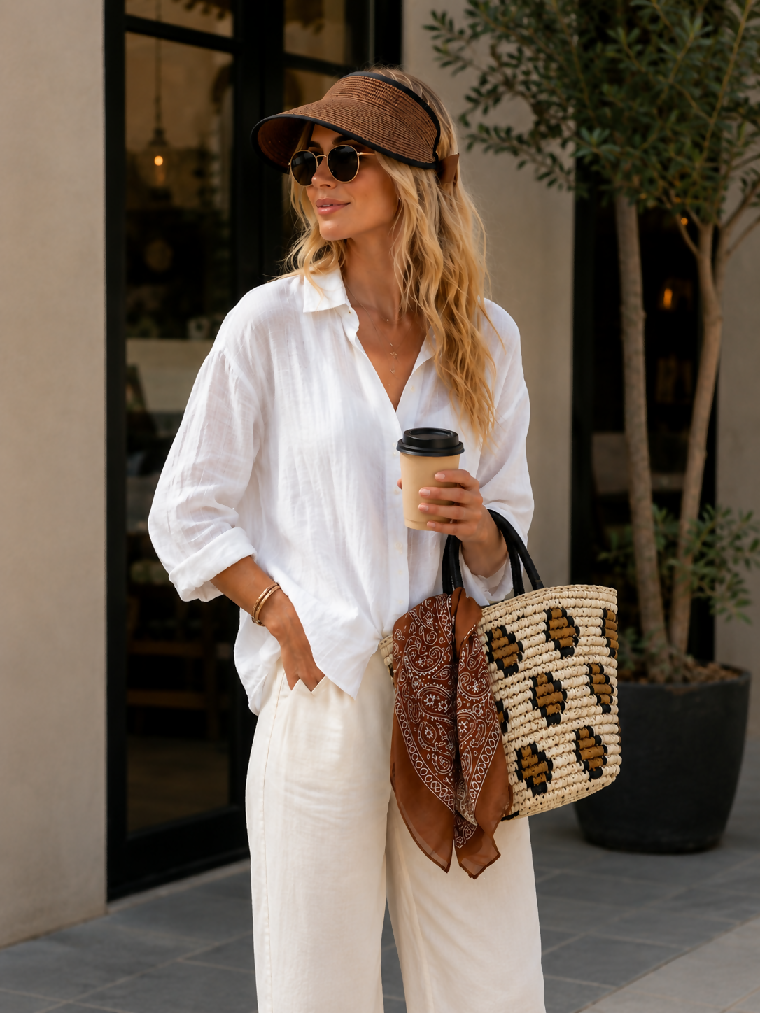 Women's 3-Piece Beach Set – Straw Tote Bag, Sun Visor Hat & Fashion Scarf