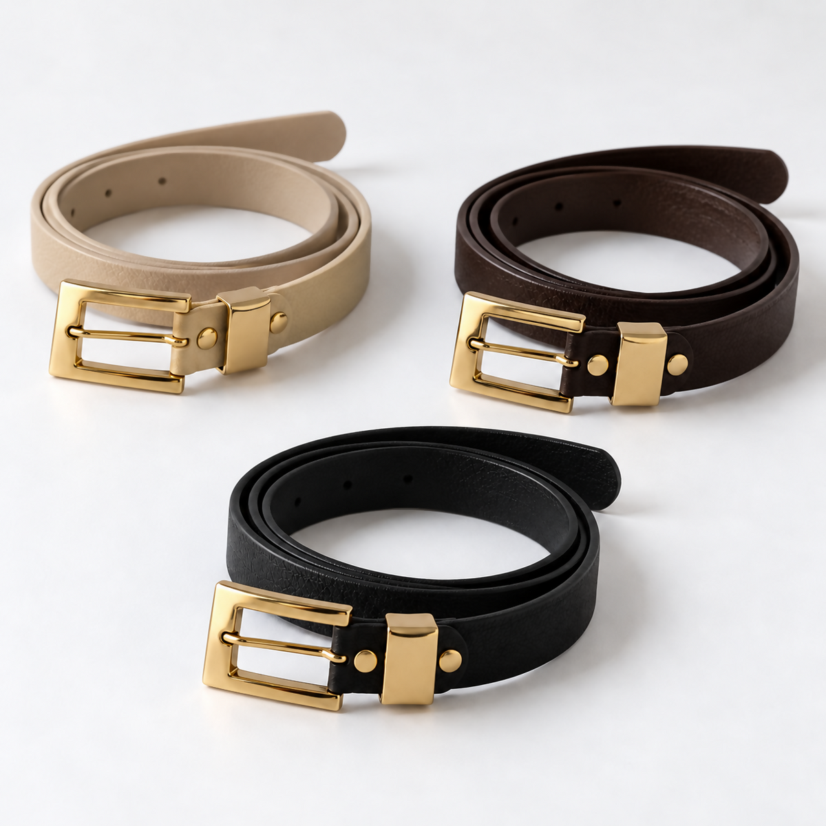 Women’s 3-Pack Belt Set with Gold-Tone Rectangular Buckles – Beige, Dark Brown & Black