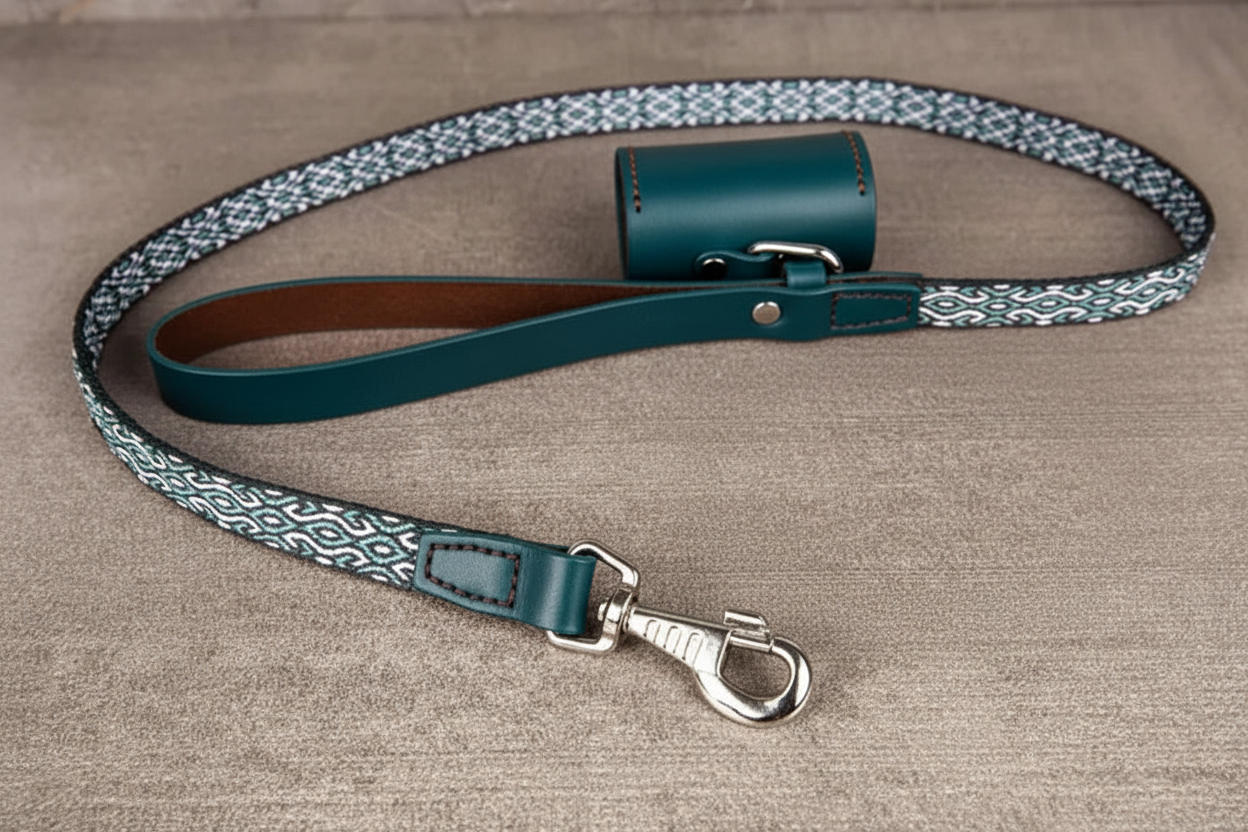 Handcrafted Leather Dog Leash & Poop Bag Holder – Handwoven Dog Walking Set