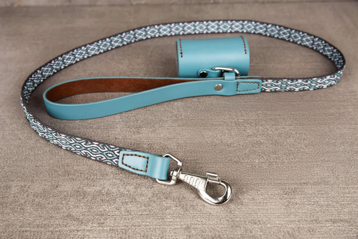 Handcrafted Leather Dog Leash & Poop Bag Holder – Handwoven Dog Walking Set