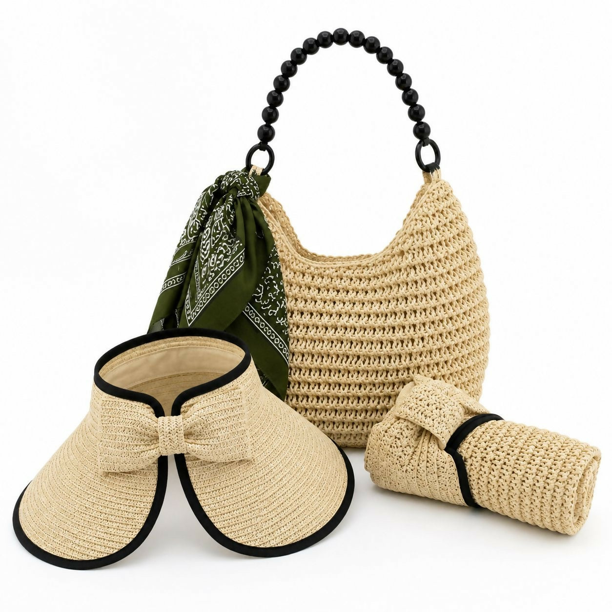 Women's 3-Piece Beach Set – Straw Tote Bag, Sun Visor Hat & Fashion Scarf