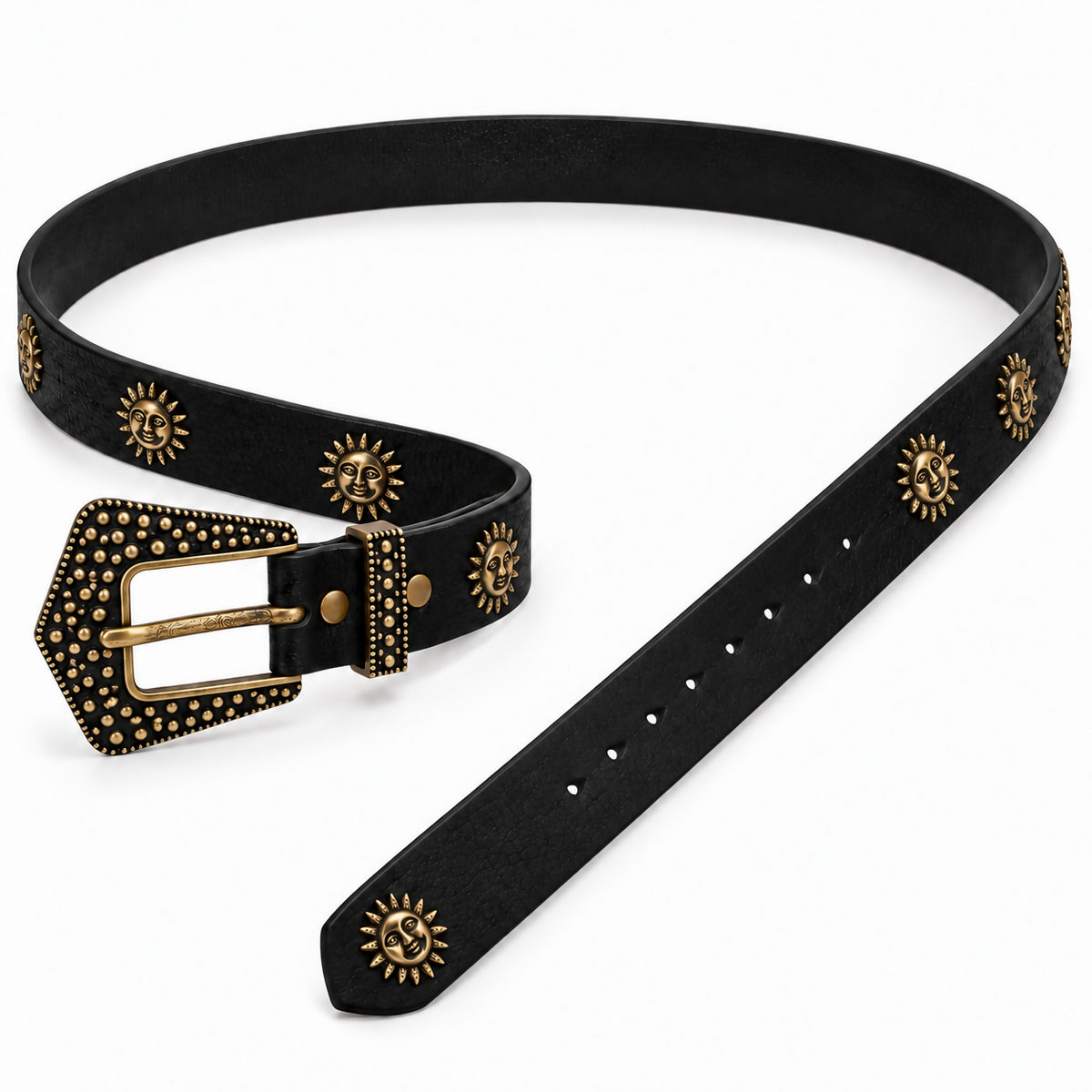 Women’s Boho Sun Medallion Belt, Antique Brass-Tone Buckle, Black