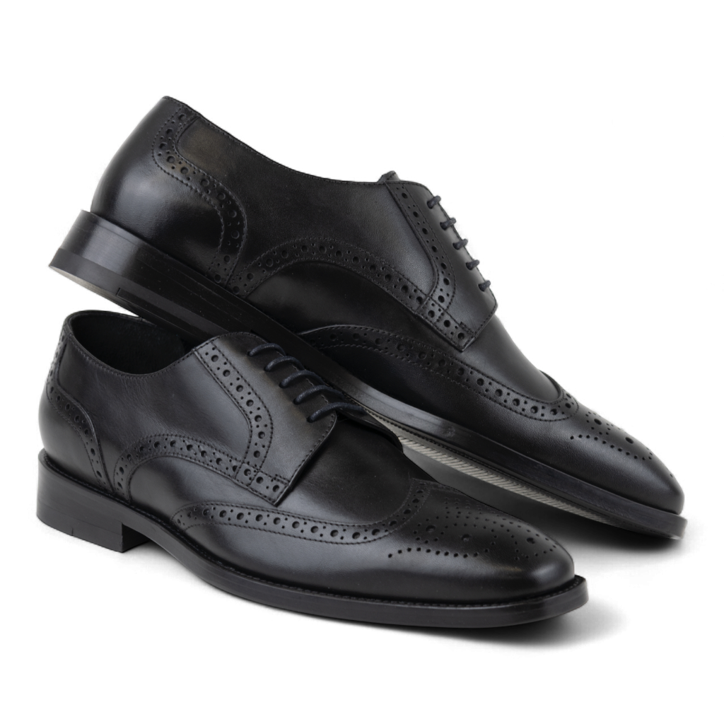 Men's Wingtip Brogue Derby Leather Dress Shoes in All Black - 0