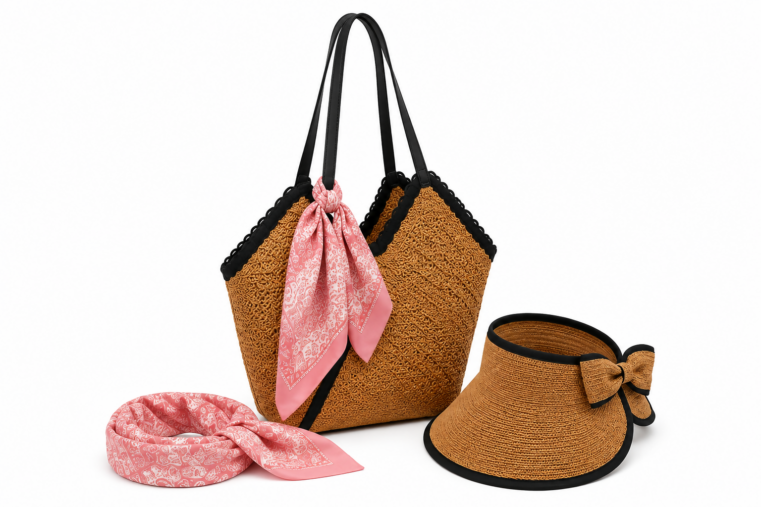 Women's 3-Piece Beach Set – Straw Tote Bag, Sun Visor Hat & Fashion Scarf