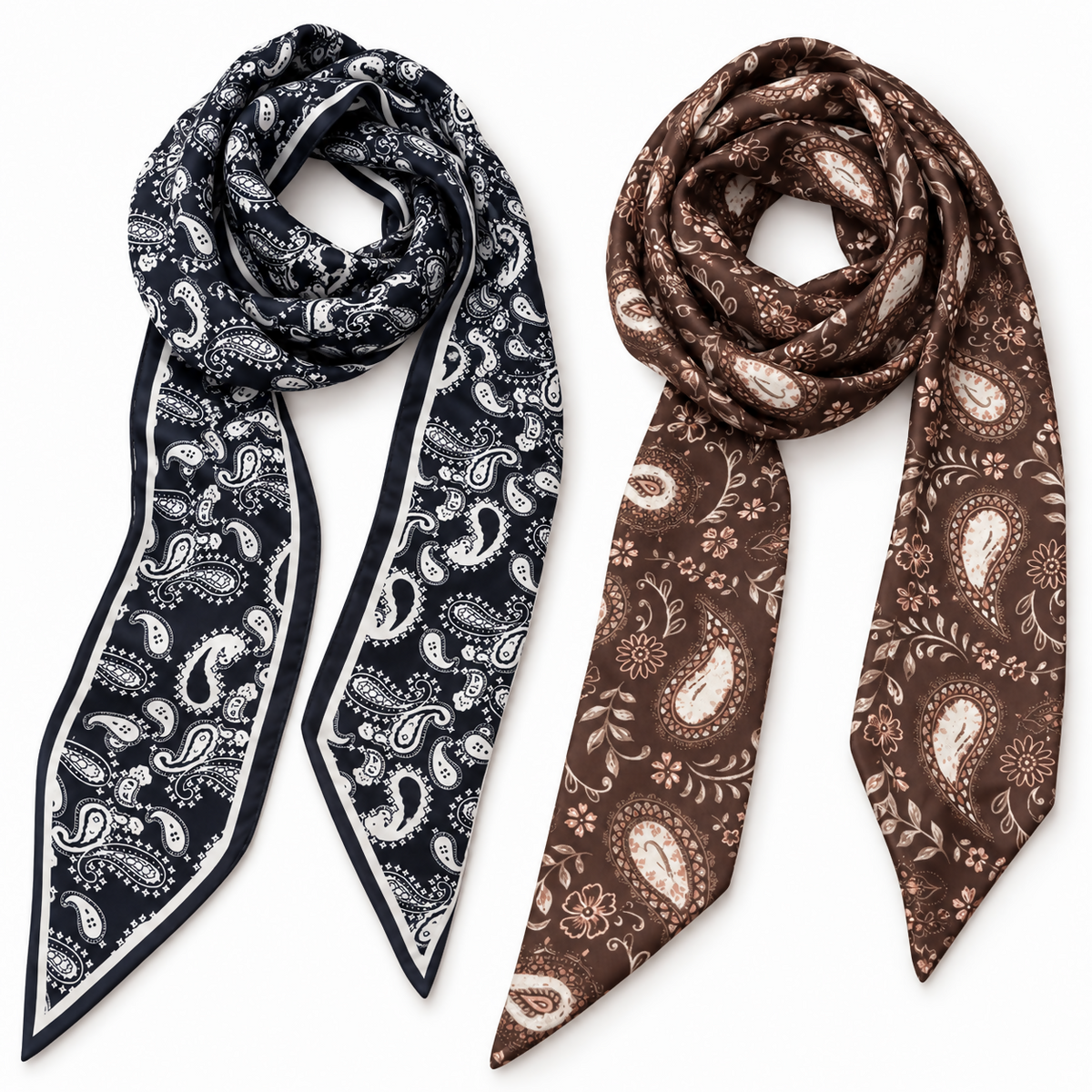 Women’s Lightweight Paisley Scarf Set with Gold-Tone Rings, 2-Pack, Black & Brown
