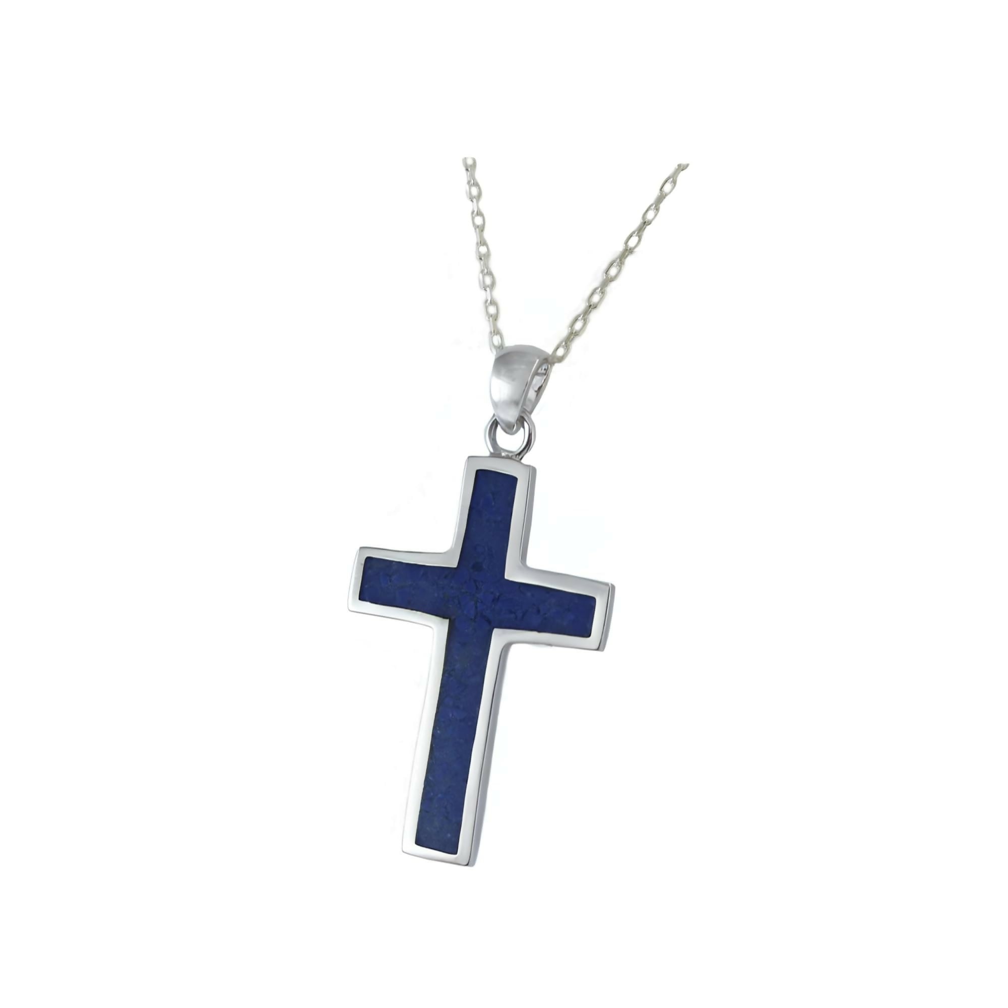 Sterling Silver .925 Navy Blue Lapis Lazuli Cross Small Handmade Pendant Necklace for Women & Men with 18+2'' Extender Chain