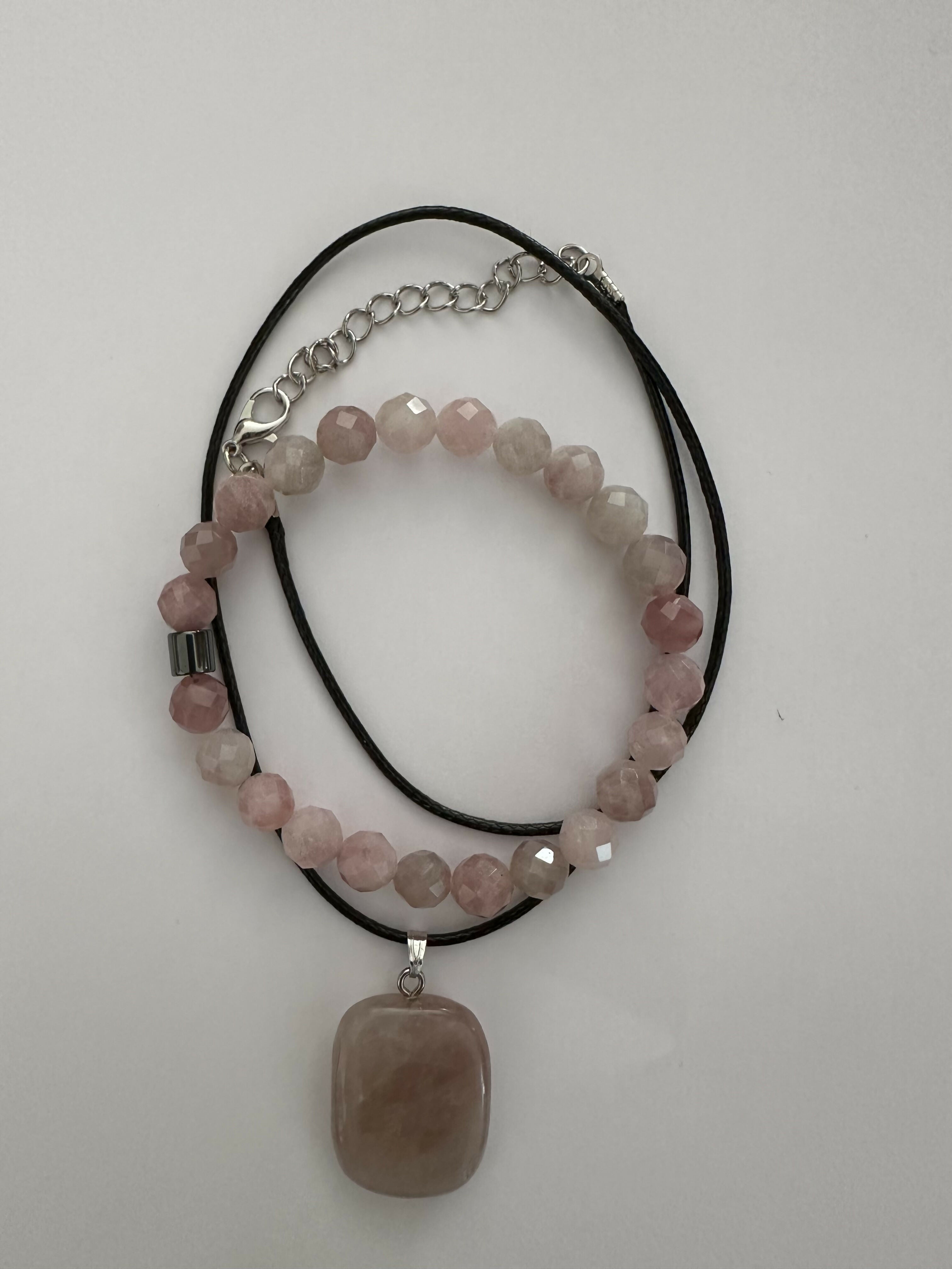 Pink Quartz Natural Stone Bracelet with Matching Necklace