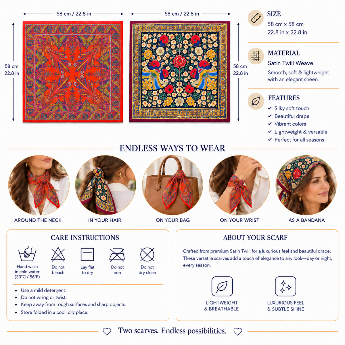 Women's Silky, Satin Twill Scarf Collection – Fashion Accessories in a Colorful 2-Piece Set