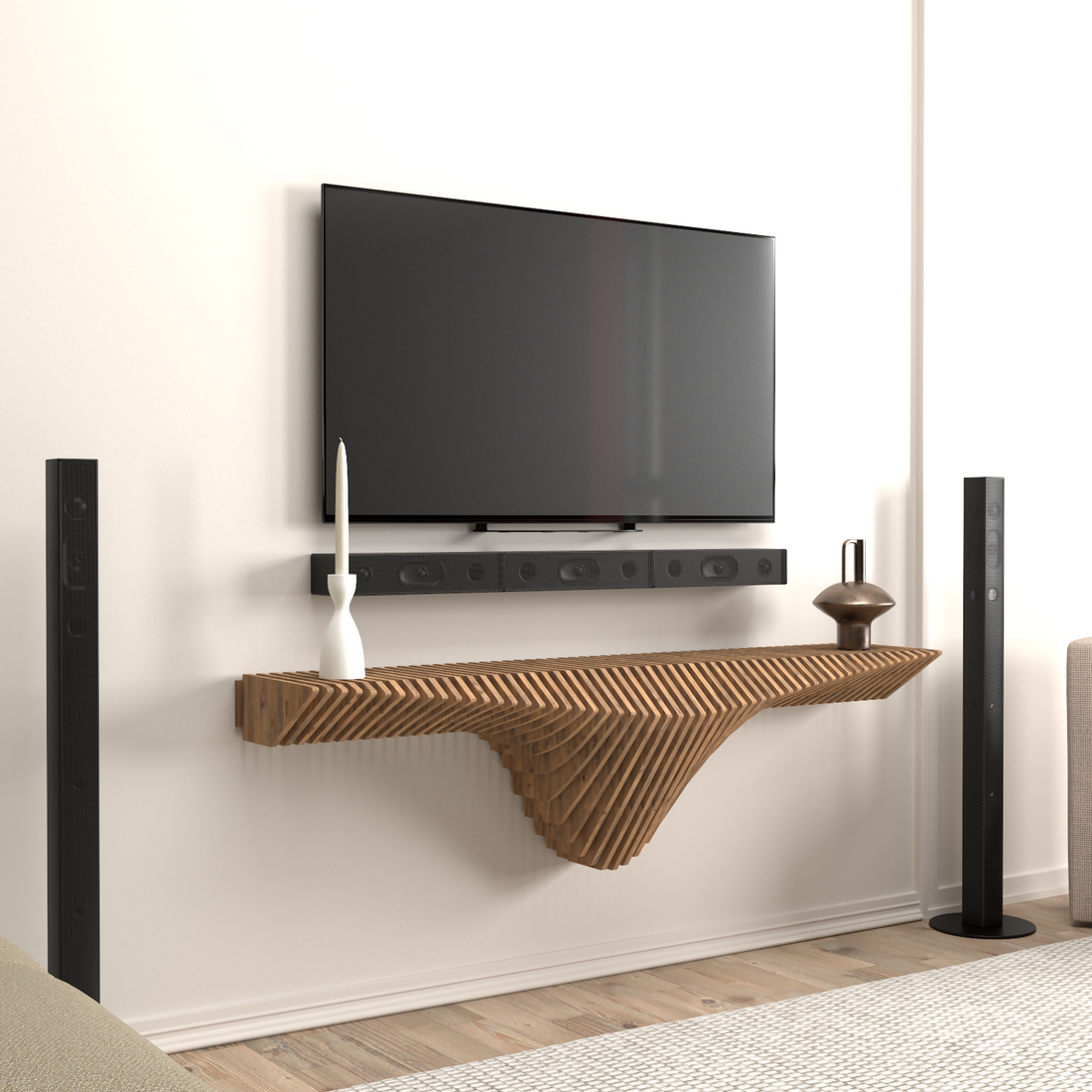 Modern living room with parametric shelf.