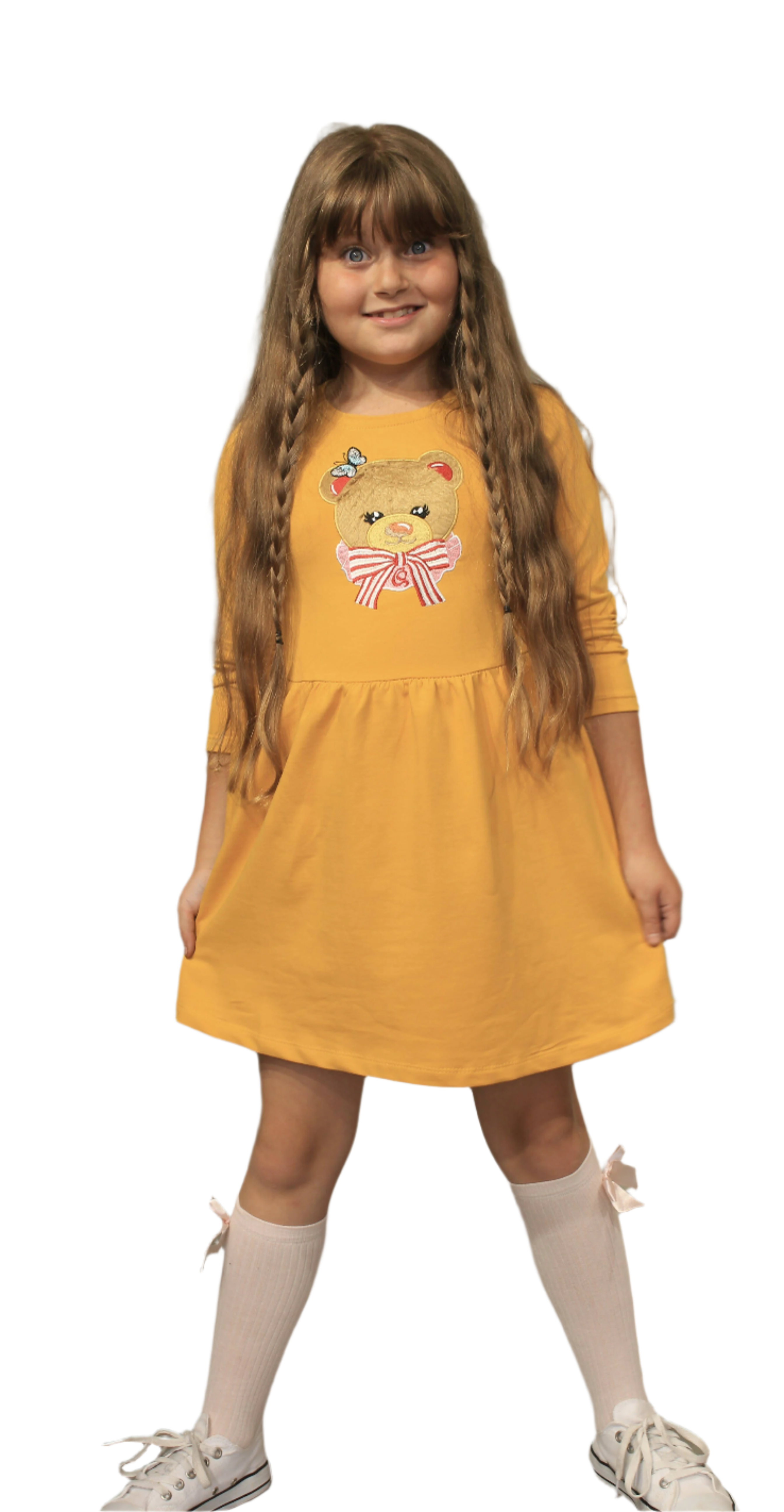 Long Sleeve Girl's Dress with Soft Fur Bear Applique