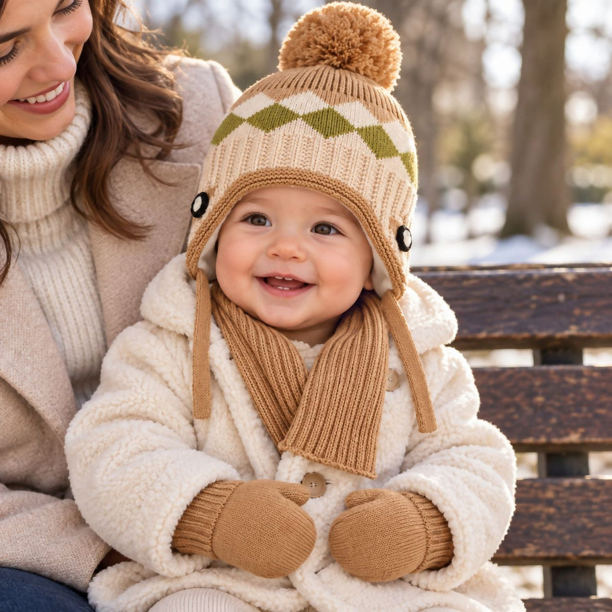 Infant KnittedWinter Beanie 3 Piece Set-Beanie-Gloves-Scarf With Earflaps For Baby Boys(0-18 Months)