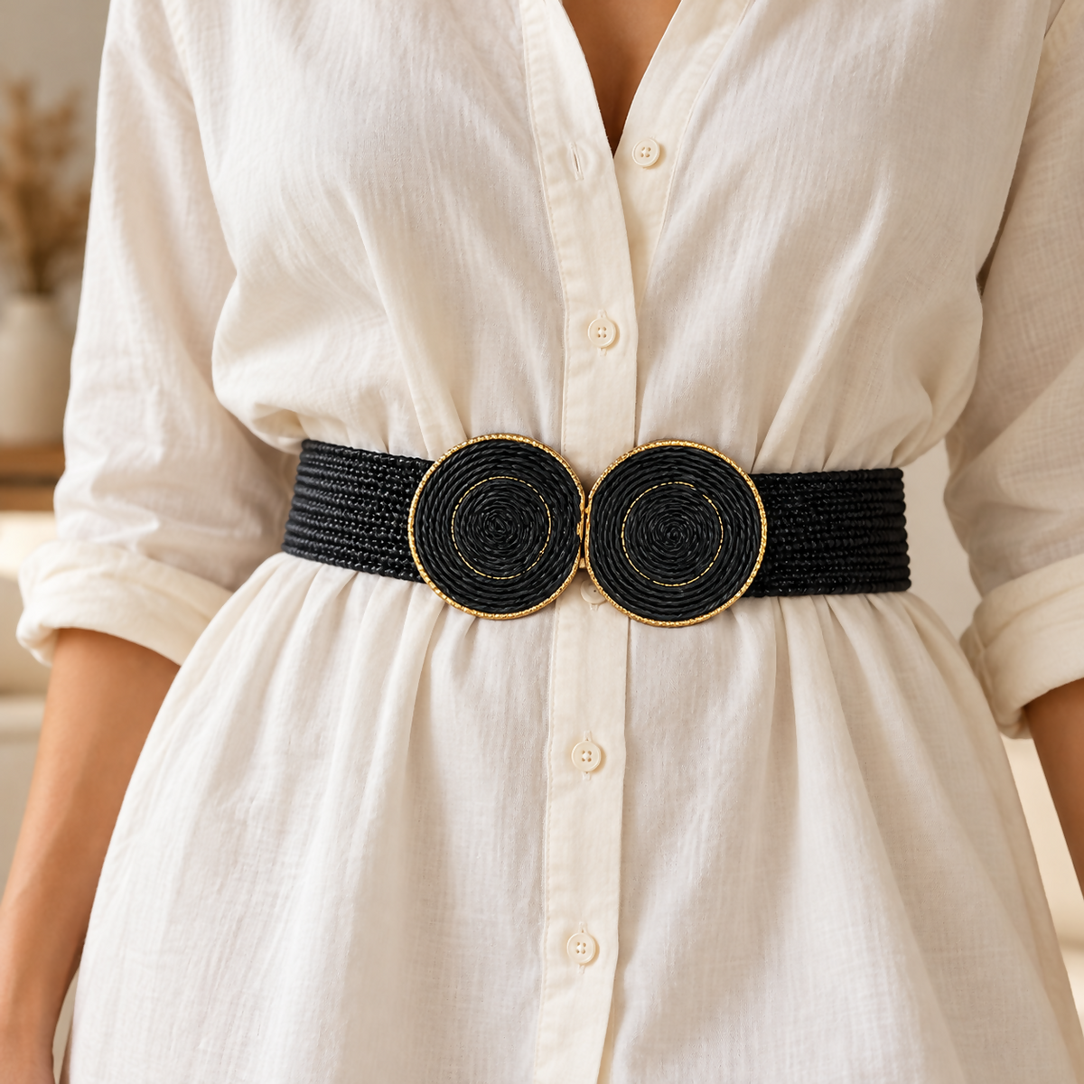 Women’s Wide Elastic Stretch Waist Belt, Double Round Buckle with Gold-Tone Details, Black