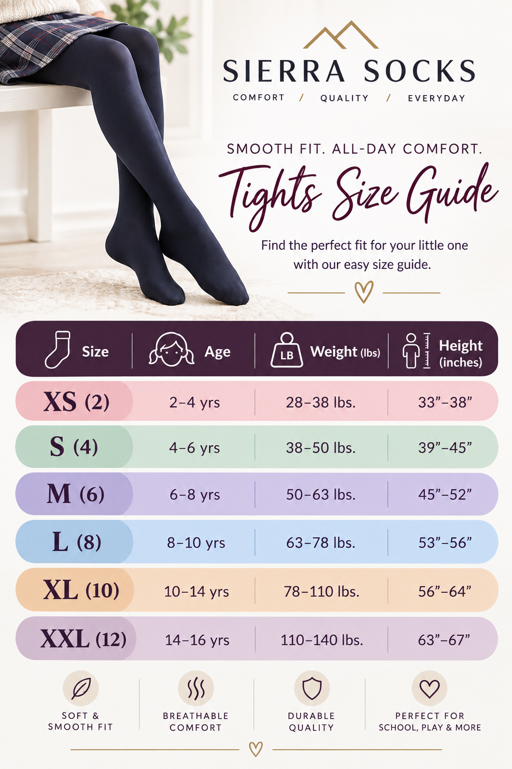 Girls' Seamless Toe Cotton Tights – School Uniform Navy & Gray