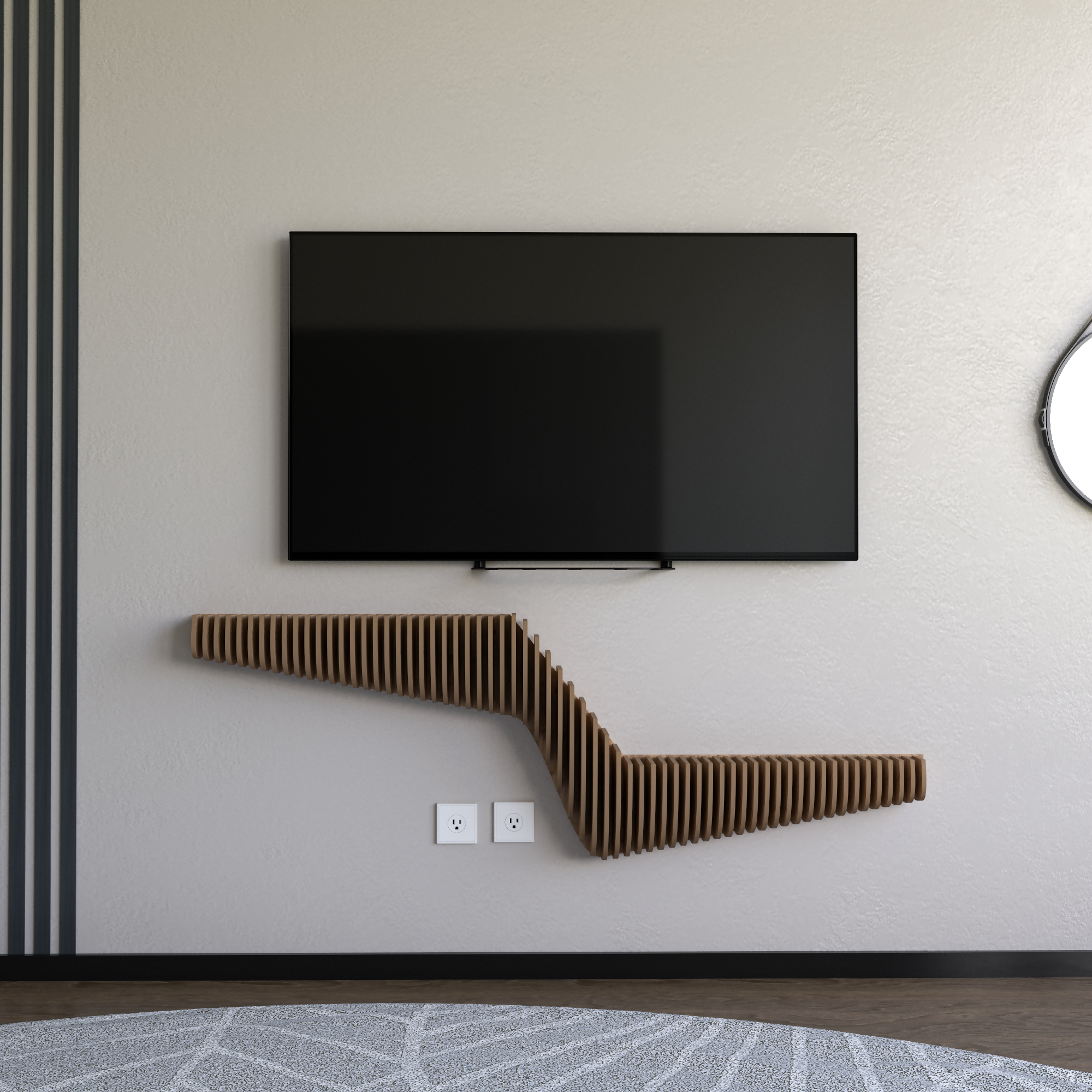 BATAMEX Parametric 57 inch Floating Shelf TV Unit Modern Geometric Wooden Wall Piece Decor Natural Oak Color 3D Wavy Living and Gaming Room Shelf