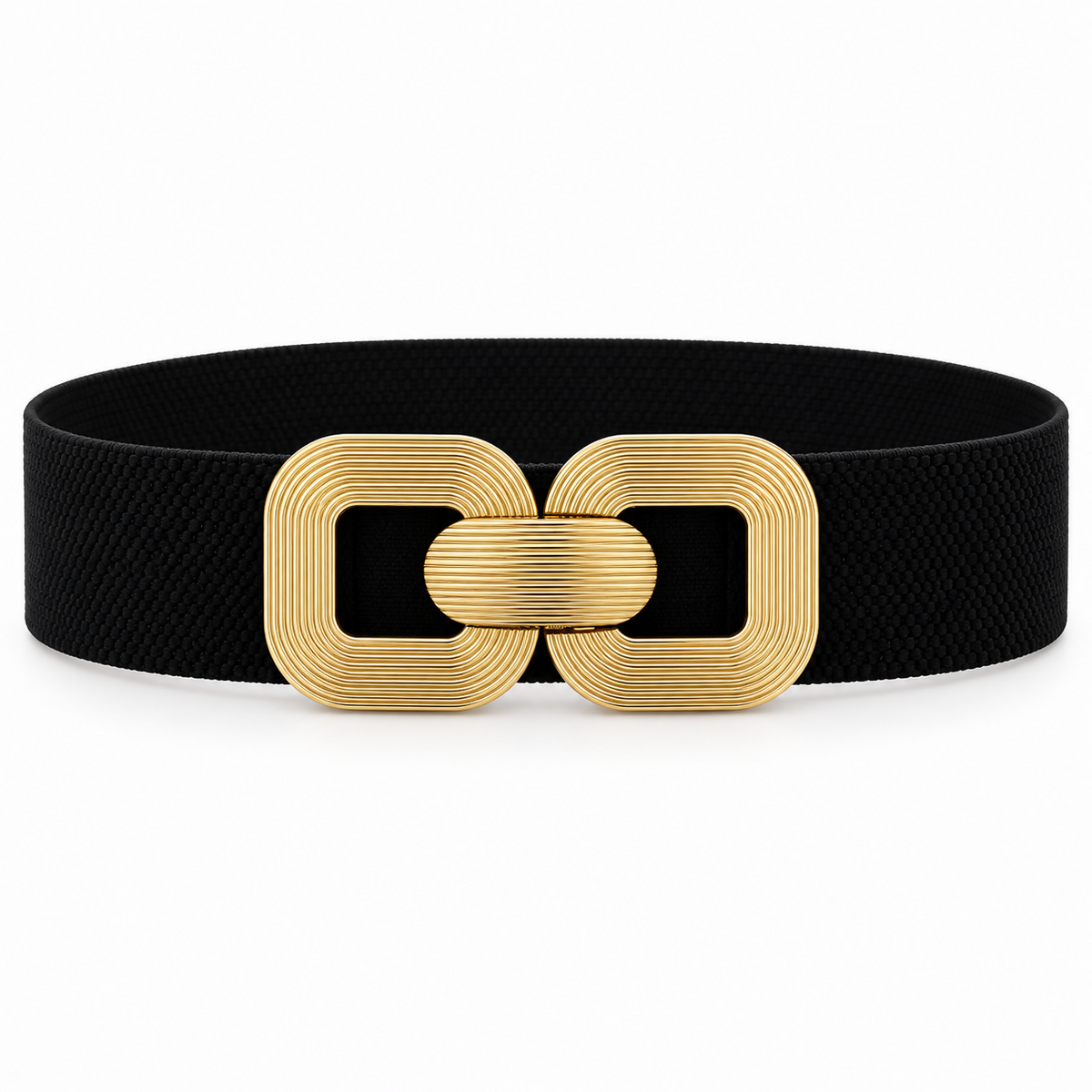 Women’s Wide Elastic Stretch Waist Belt with Textured Gold-Tone Buckle – Black
