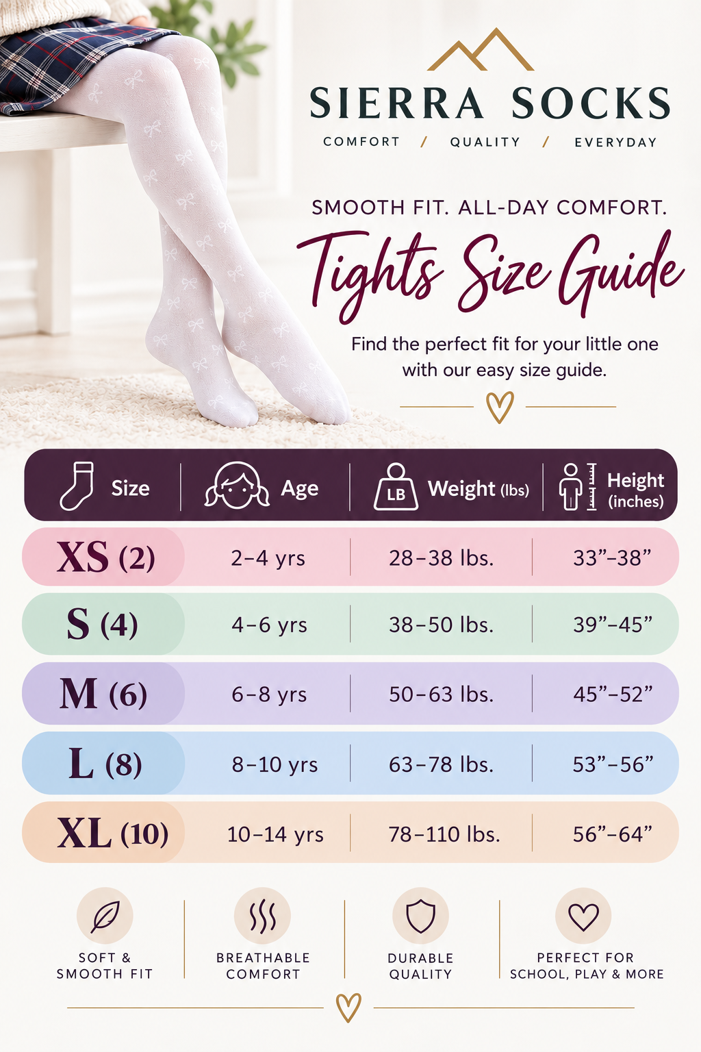 Girls' Modal School Uniform Tights - Soft, Silky Full-Footed Tights