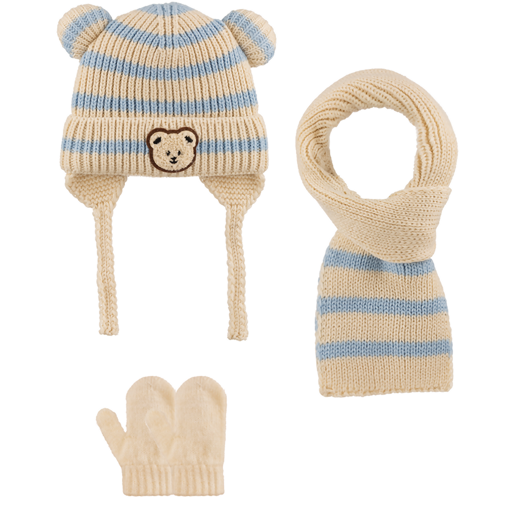 Baby Knitted Bear Detailed Winter Beanie 3 Piece Set-Beanie-Gloves-Scarf With Earflaps For Boys (0-18 months)