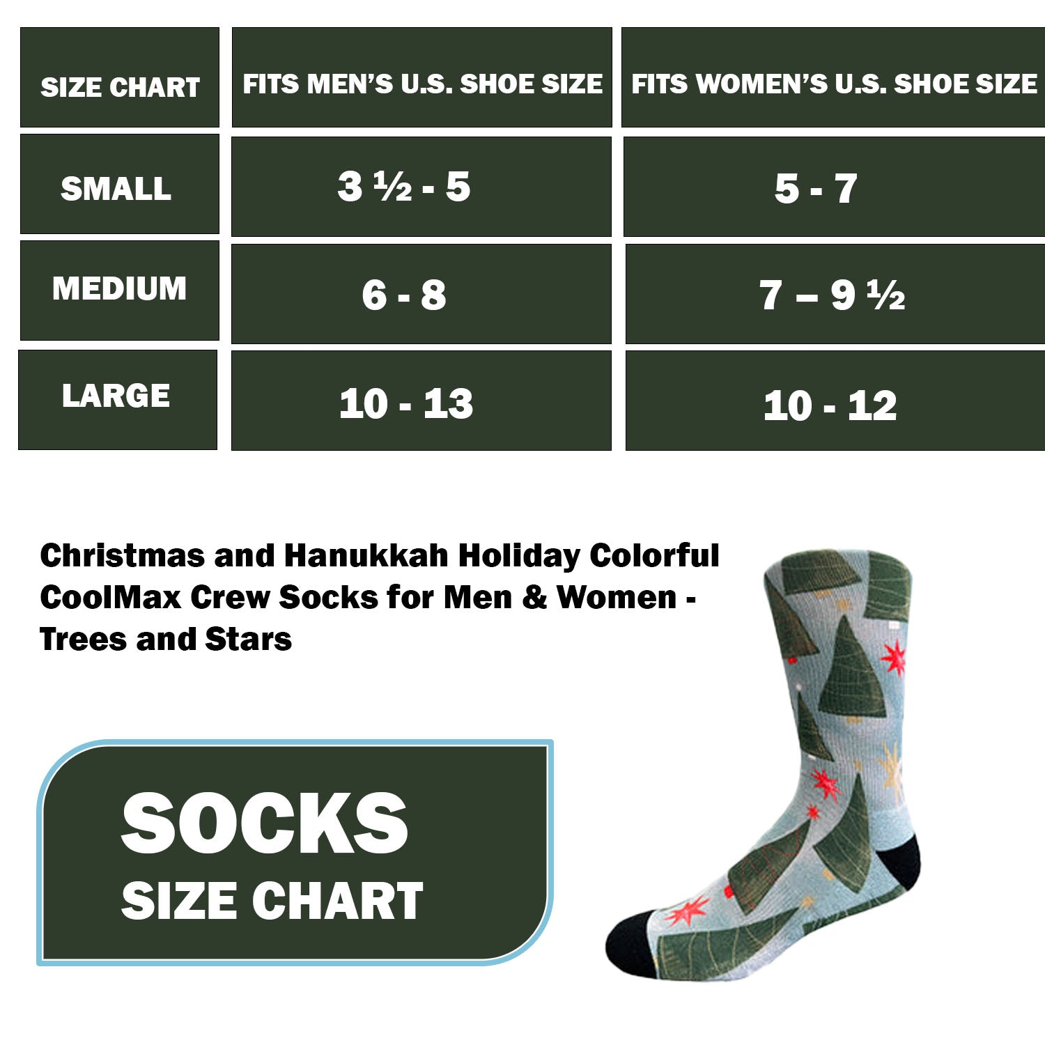 Christmas and Hanukkah Holiday Colorful CoolMax Crew Socks for Men & Women - Trees and Stars