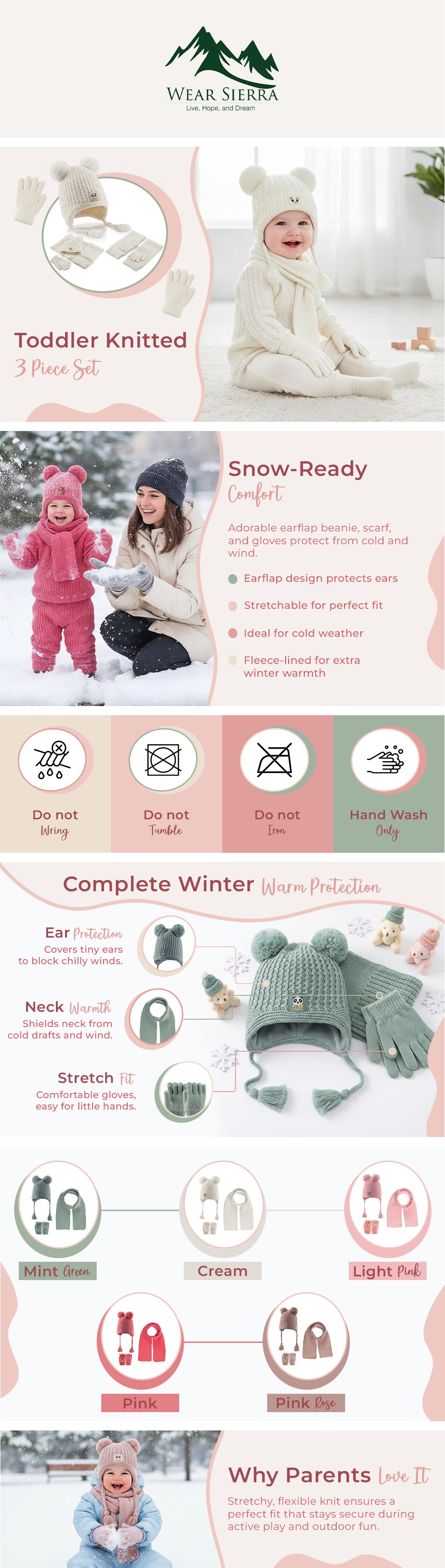 Toddler Knitted Winter Beanie 3 Piece Set With Earflaps For Girls