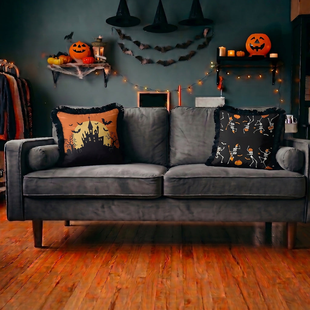 Halloween Themed Pillow Covers With Fringes – Holiday Dining or Living Room Decoration