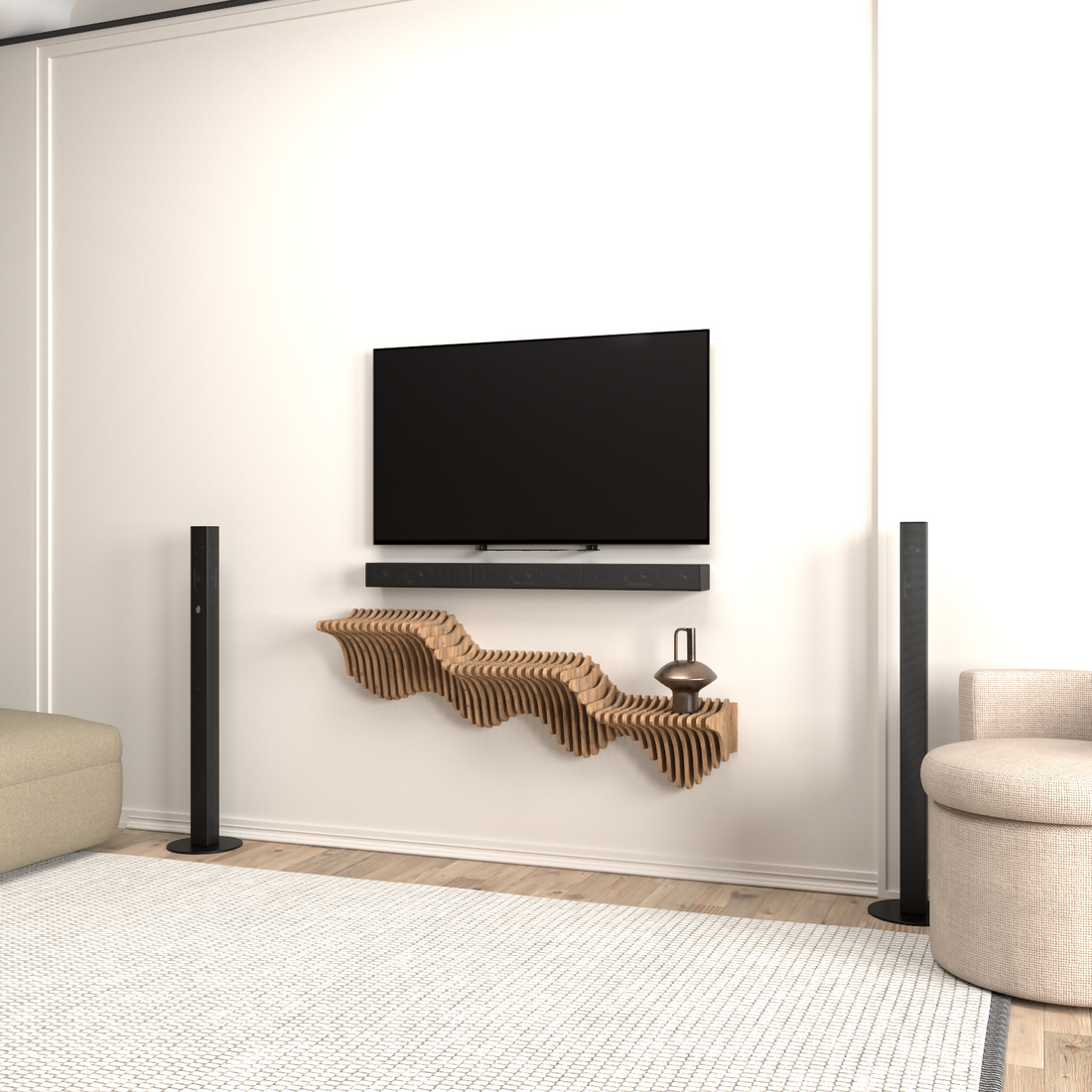 Modern living room with parametric shelf.