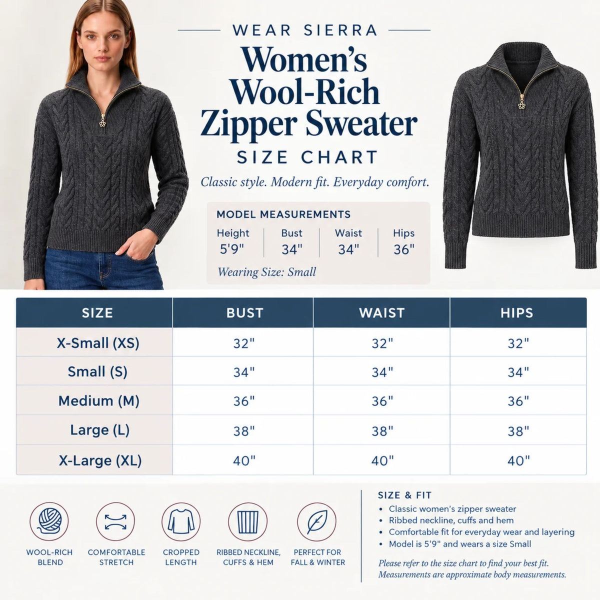 Women’s Cable Knit Quarter-Zip 80% Wool-Rich Sweater in Beautiful Jewel Tones