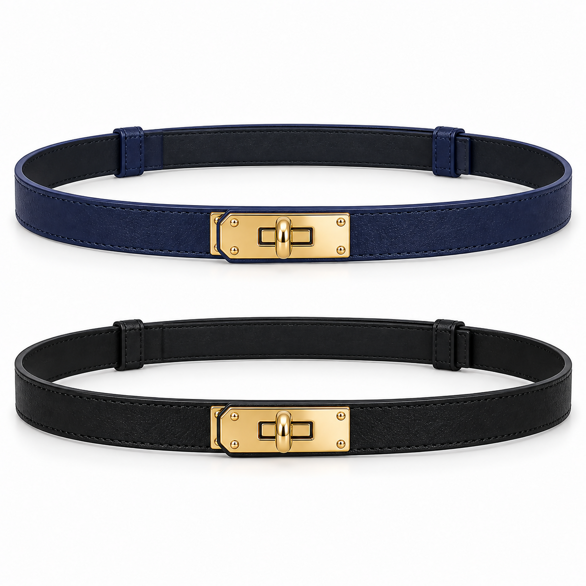 Women’s Adjustable Skinny Belt Set, 2-Pack, Gold-Tone Turn-Lock Closure, Black & Navy