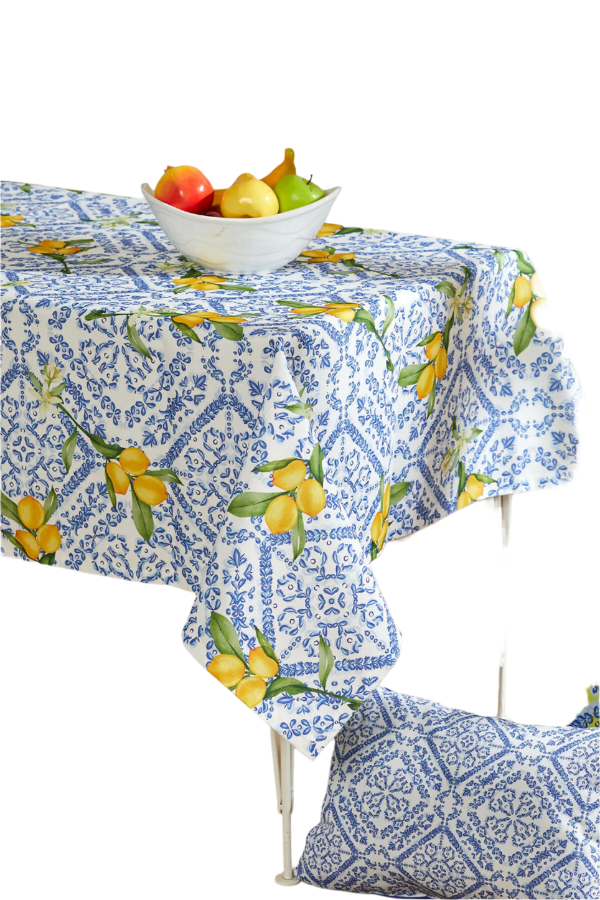 Italian Lemons and Blue Patterned Tablecloth Perfect for Spring and Summer Decorating