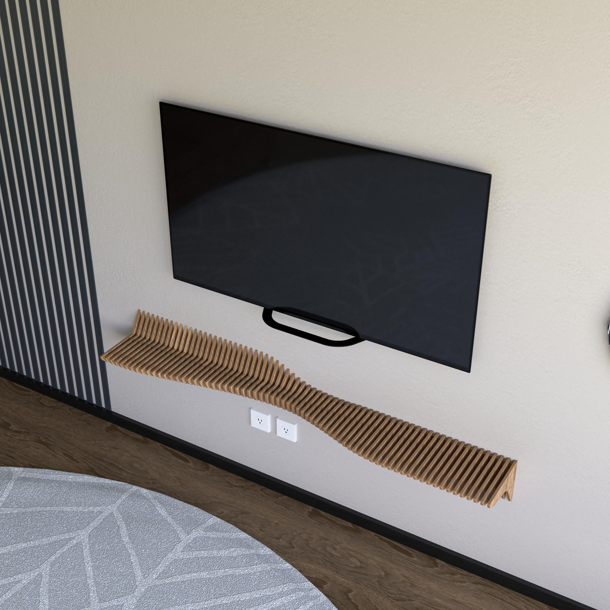 BATAMEX Parametric 60 inch Floating Shelf TV Unit Modern Geometric Wooden Wall Piece Decor Natural Oak Color 3D Wavy Living and Gaming Room Shelf