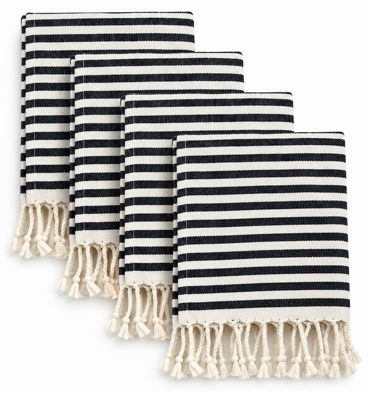 2-Pack Black & Ivory Striped Turkish Cotton Kitchen Towels with Tassels, 16" x 36"