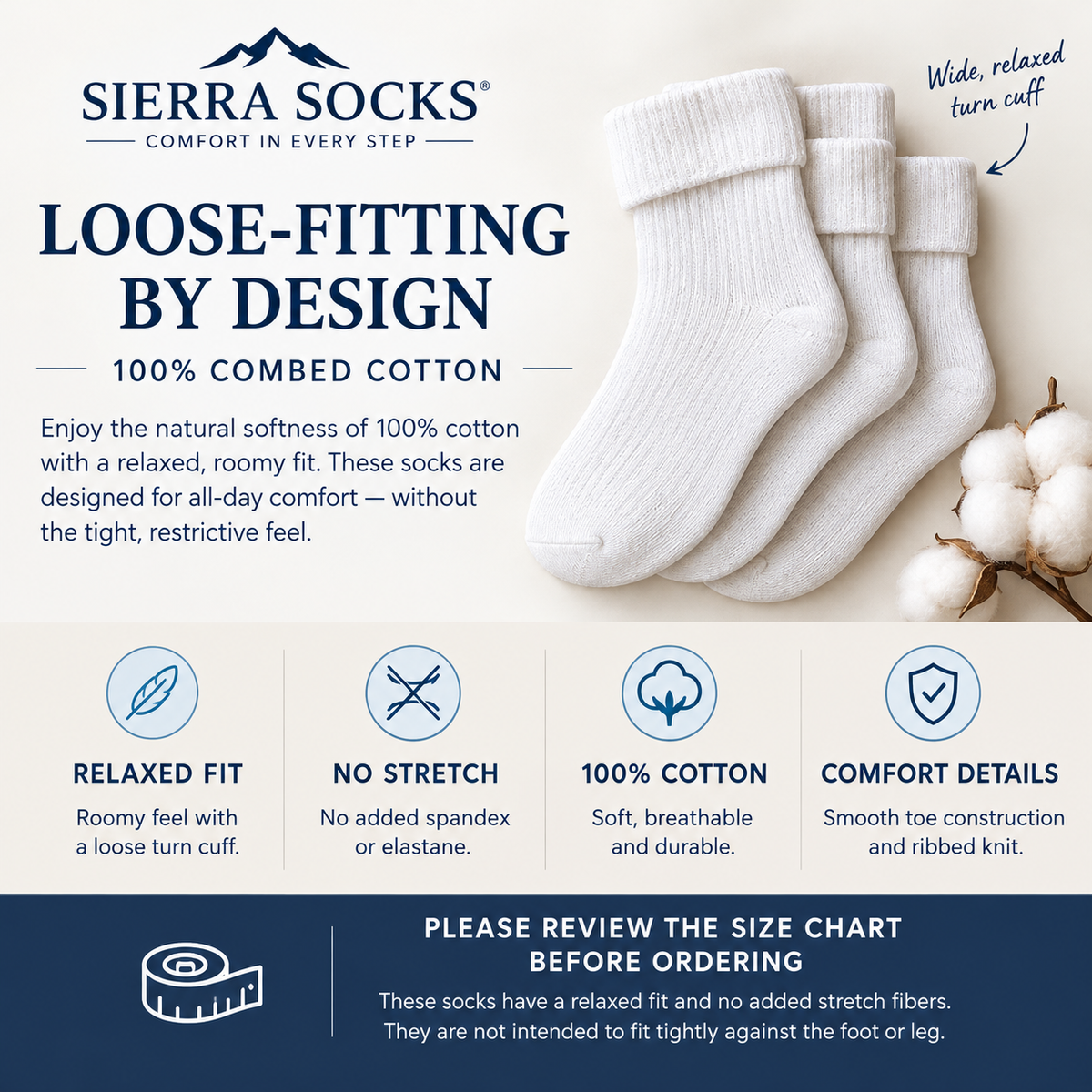 Women's 100% Cotton Loose-Fitting Socks – Non-Binding Turn Cuff, 3-Pair Pack
