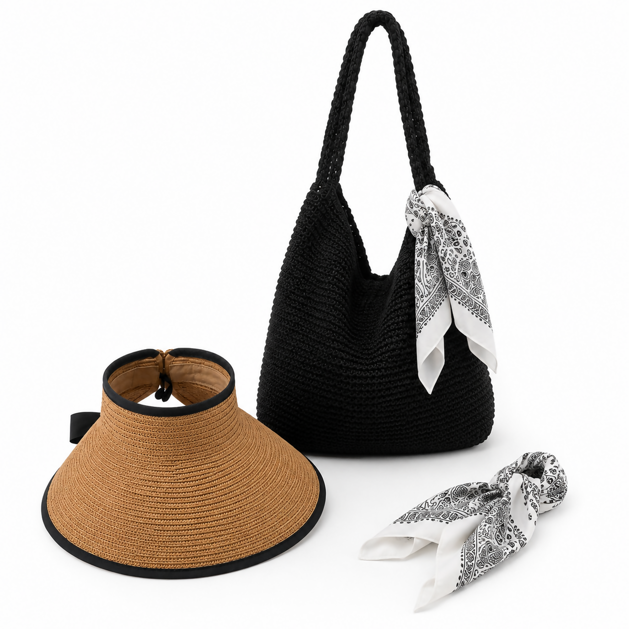 Women's 3-Piece Beach Set – Straw Tote Bag, Sun Visor Hat & Fashion Scarf