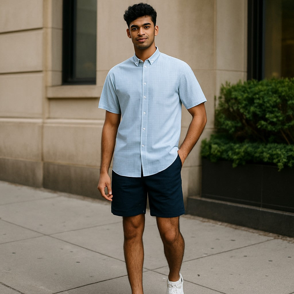 Wear Sierra Top Shelf Men's Linen Short Sleeve Button Down Shirt in Light Blue Plaid - Great for Casual Fridays at the Office and Date Nights