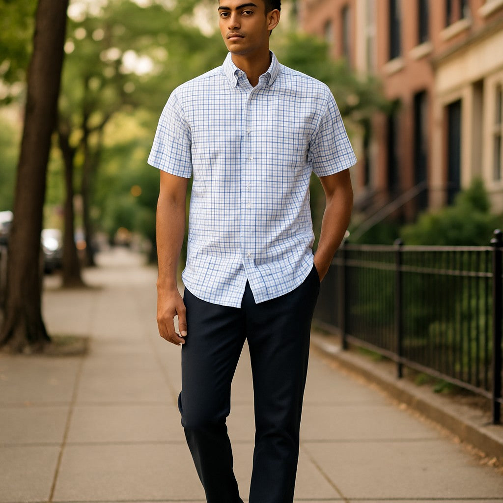 Wear Sierra Top Shelf Men's Cotton Short Sleeve Button Down Shirts in White Blue Plaid