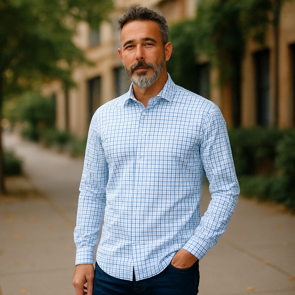 Wear Sierra Top Shelf Men's Turkish Cotton Long Sleeve Button Up Shirt in Blue Windowpane Plaid, Casual Friday Shirt for Men