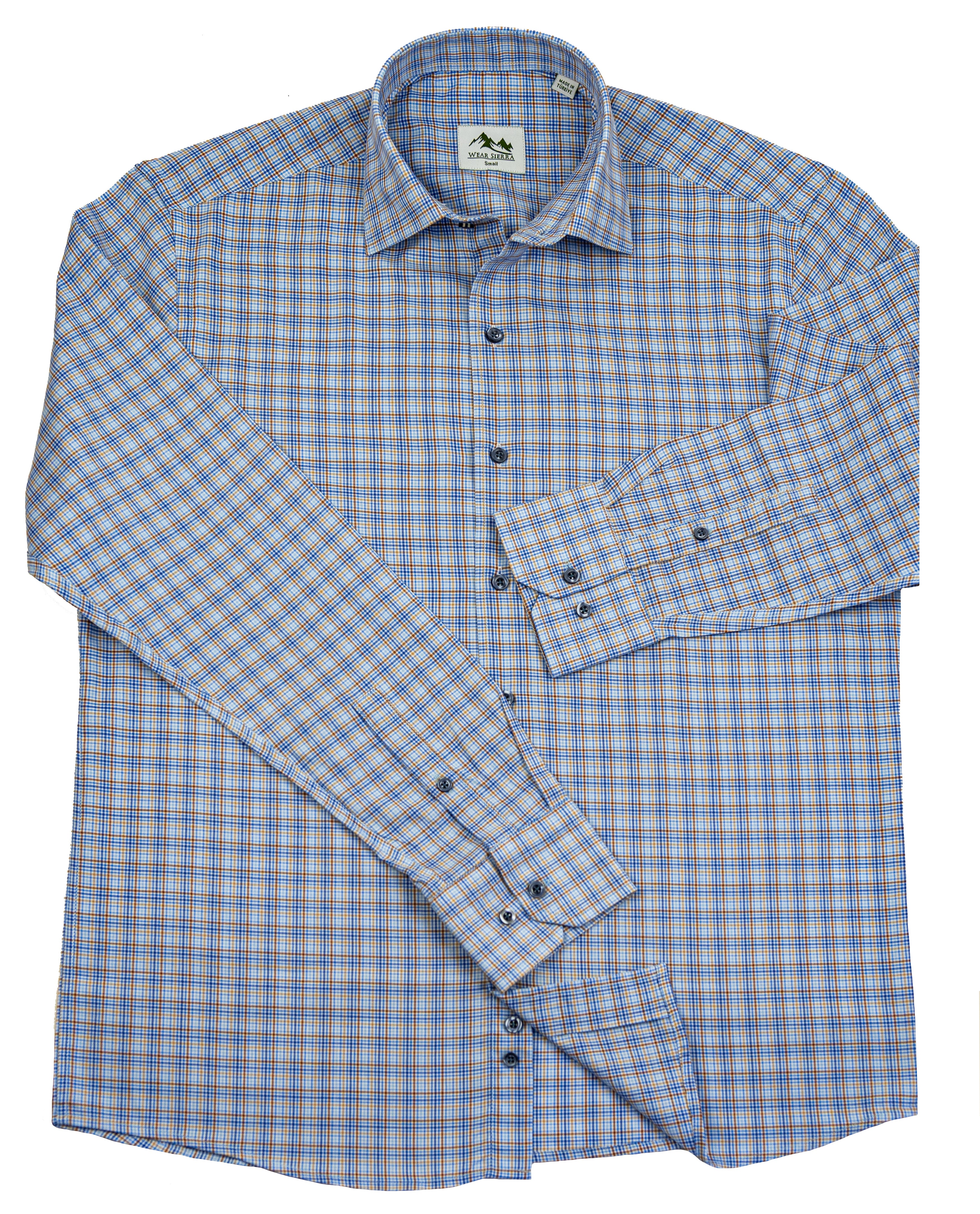 Wear Sierra Top Shelf Men's Turkish Cotton Long Sleeve Button Up Shirt in Blue & Brown Plaid, Casual Friday Shirt for Men - 0