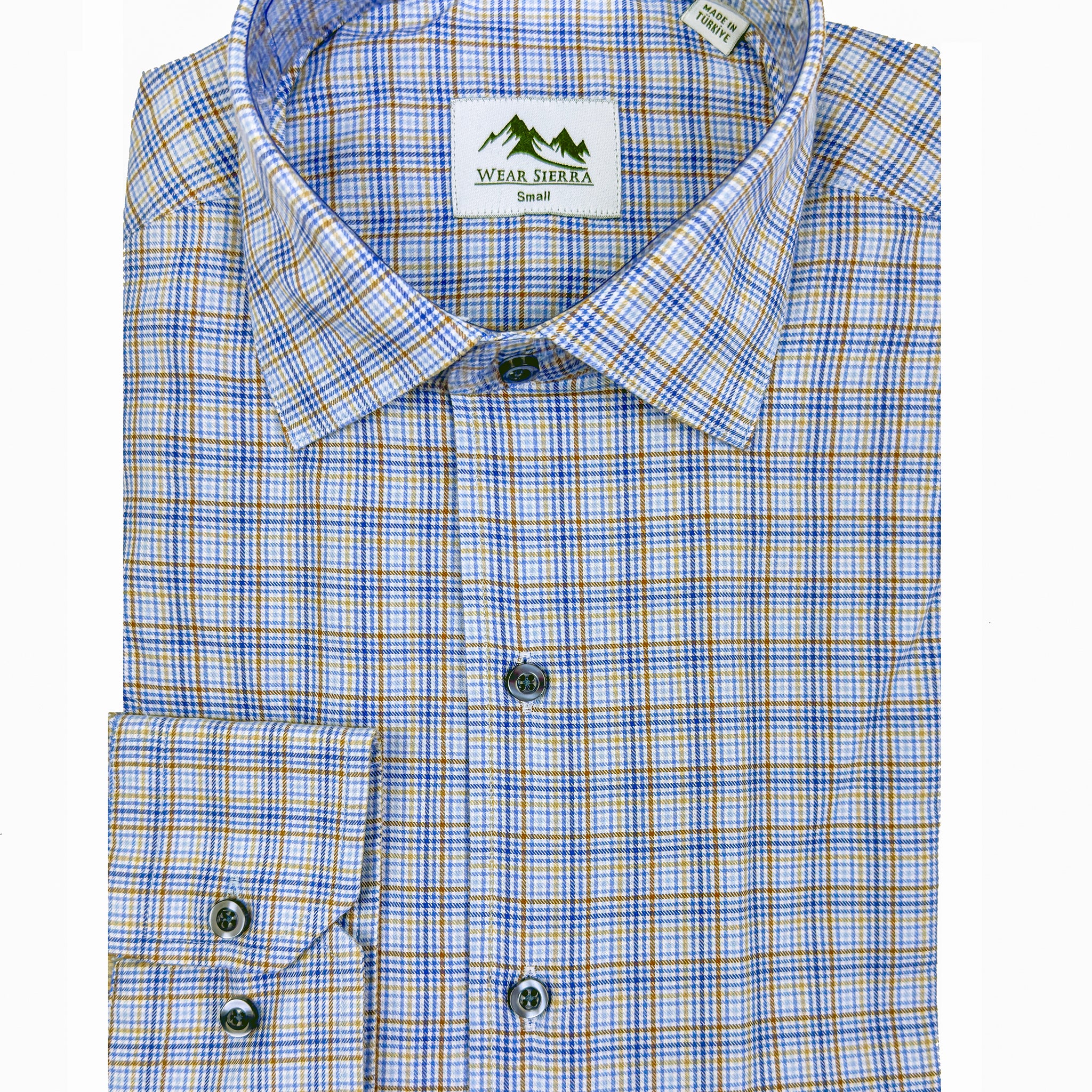 Wear Sierra Top Shelf Men's Turkish Cotton Long Sleeve Button Up Shirt in Blue & Brown Plaid, Casual Friday Shirt for Men