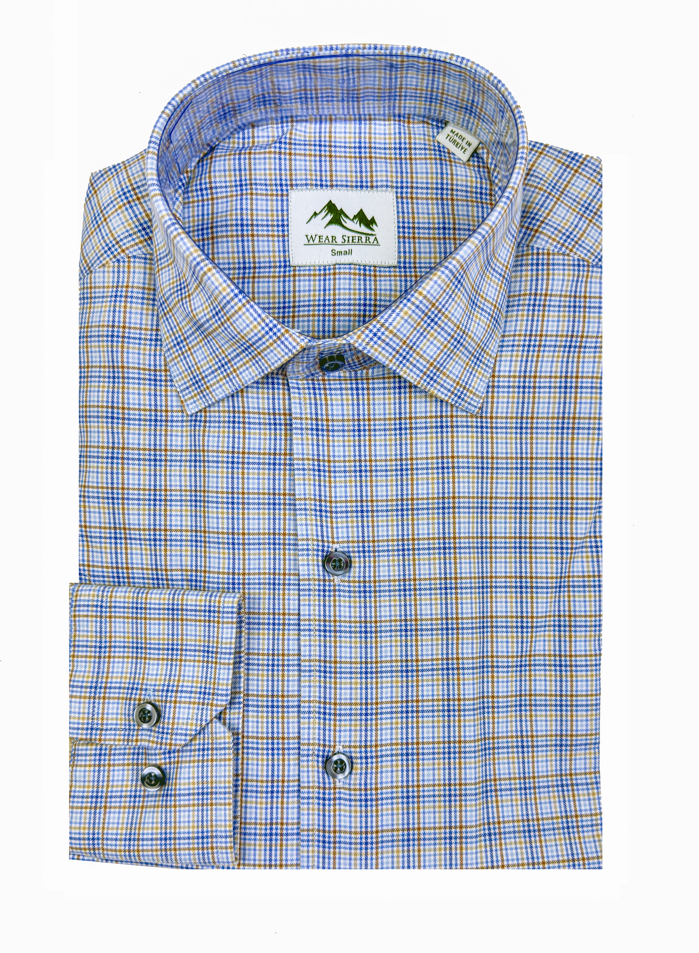 Wear Sierra Top Shelf Men's Turkish Cotton Long Sleeve Button Up Shirt in Blue & Brown Plaid, Casual Friday Shirt for Men