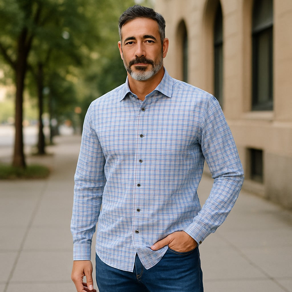 Wear Sierra Top Shelf Men's Turkish Cotton Long Sleeve Button Up Shirt in Blue & Brown Plaid, Casual Friday Shirt for Men