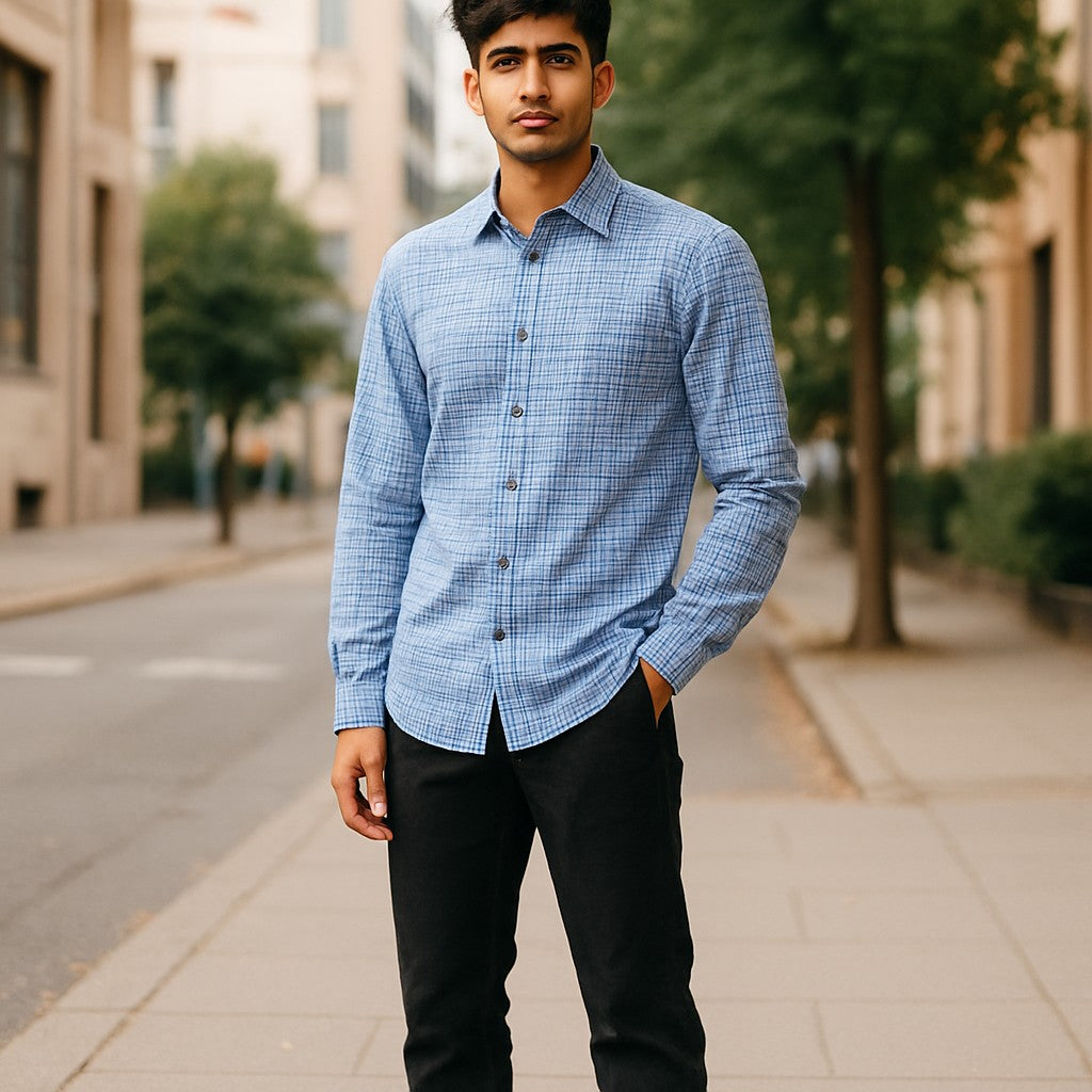 Wear Sierra Top Shelf Men's Turkish Cotton Long Sleeve Button Up Shirt in Blue Plaid, Perfect Casual Friday Shirt for Men