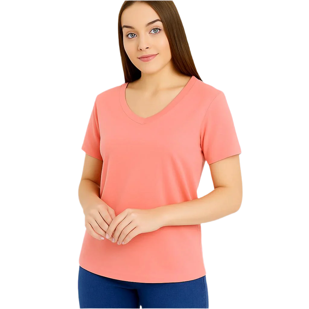 Woman wearing peach V-neck t-shirt.