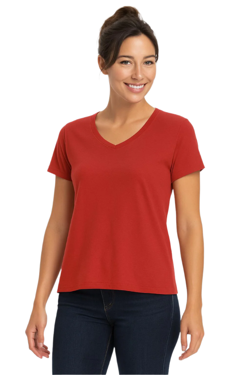 Woman in red V-neck t-shirt.
