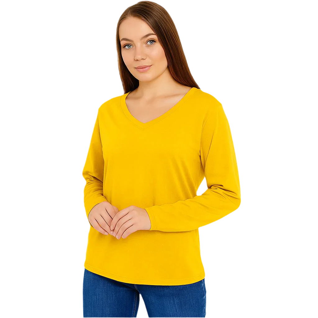 Woman in yellow V-neck t-shirt.