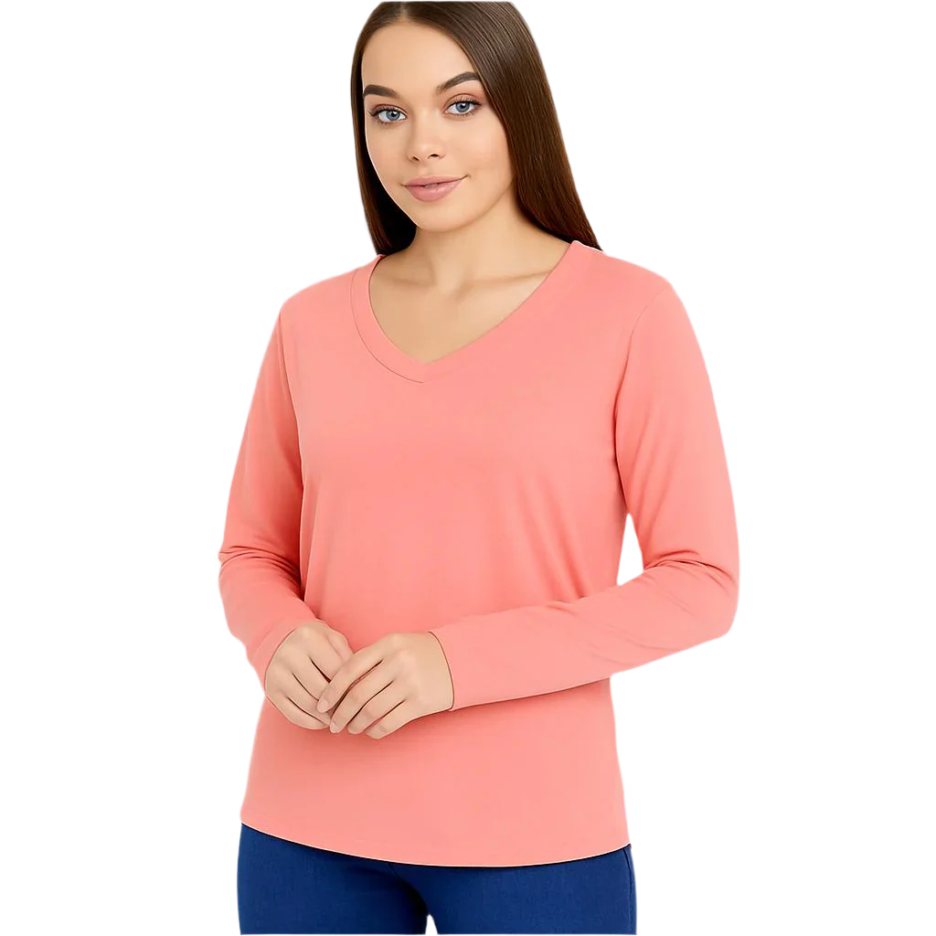Woman wearing coral V-neck top.