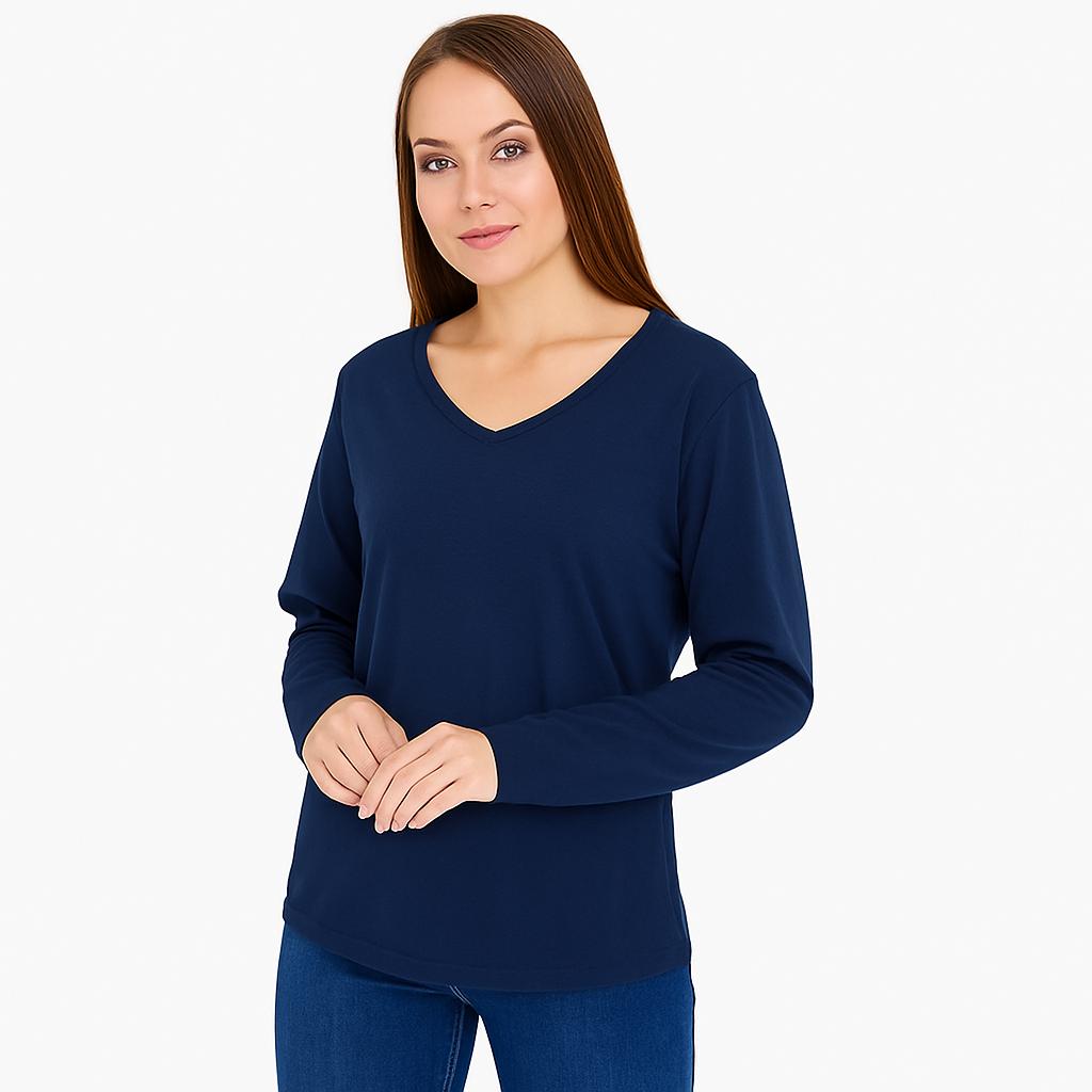 Woman in navy long-sleeve V-neck.