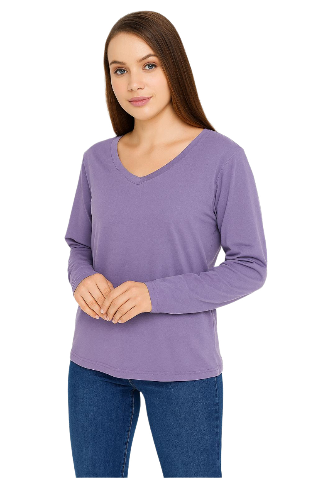 Woman in purple V-neck shirt.